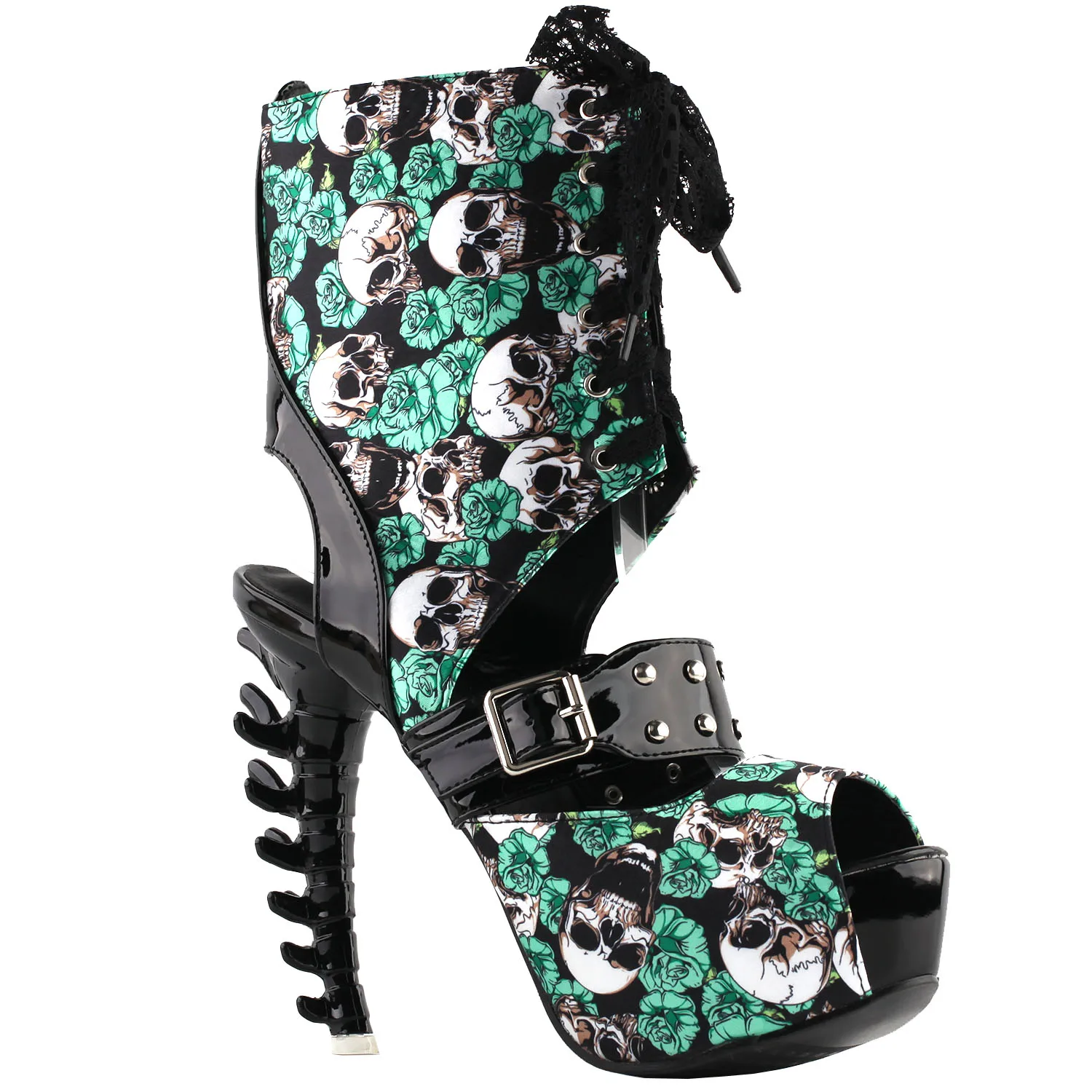 LF80663 SHOW STORY Punk Skull Rose Print Stud Buckle Lace-UpPlatform Bone Heel Club Ankle Bootie Sandals