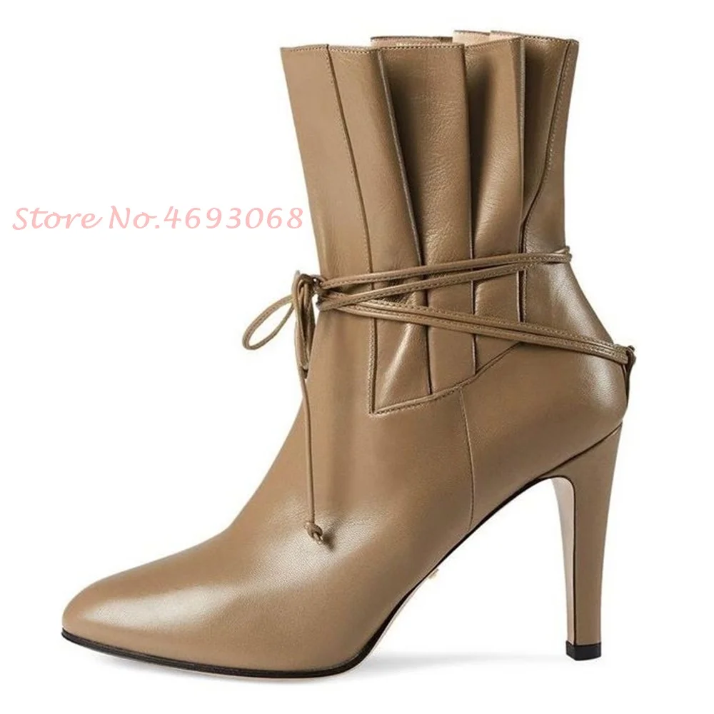 Pleated Brown Leather Ankle Boots Women Spring Sweet Pointed Toe Ruffles Boots Thin Heels Women's Boots Fashion Ladies Shoes