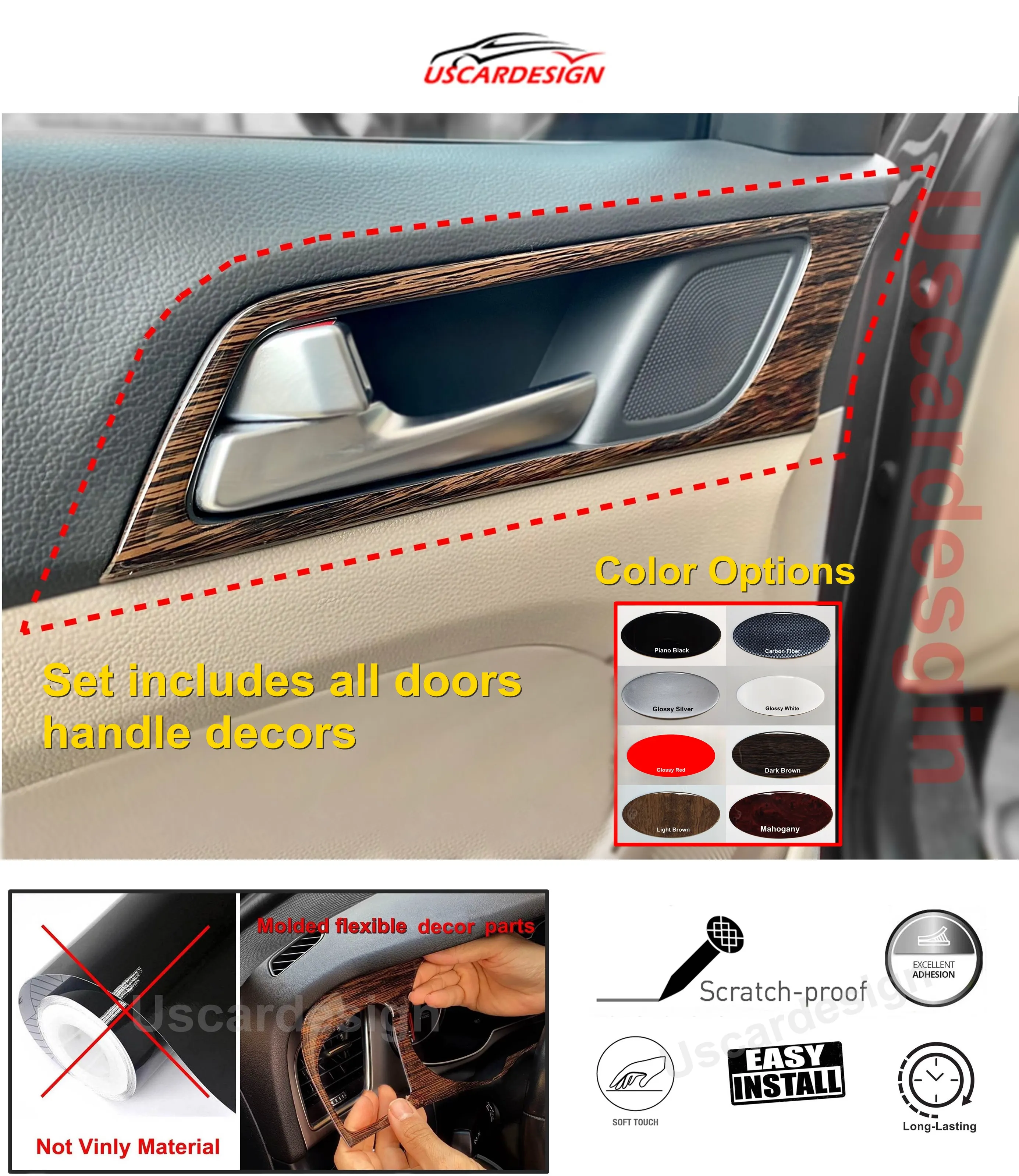 For 2015 - 2020 Hyundai Tucson Door Handle Trim Decors, Car Accessorie, Covers, Coating, Console Piano Black, Carbon, Wood,