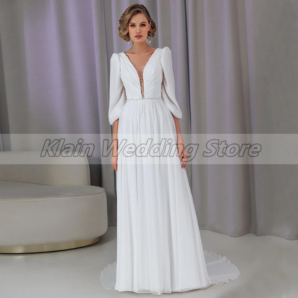 Senhoras personalizadas uma linha vestido de casamento chiffon com mangas 3/4 ilusão decote em v cristal rendas até voltar vestido de noiva tribunal trem