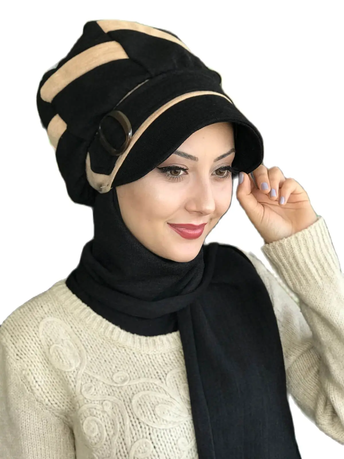 New Fashion Women 2021 Muslim Headscarf Islamic Turban Women\'s Scarf Tulle Foulard Bonnet Black Buckled Cream Striped Hat Shawl