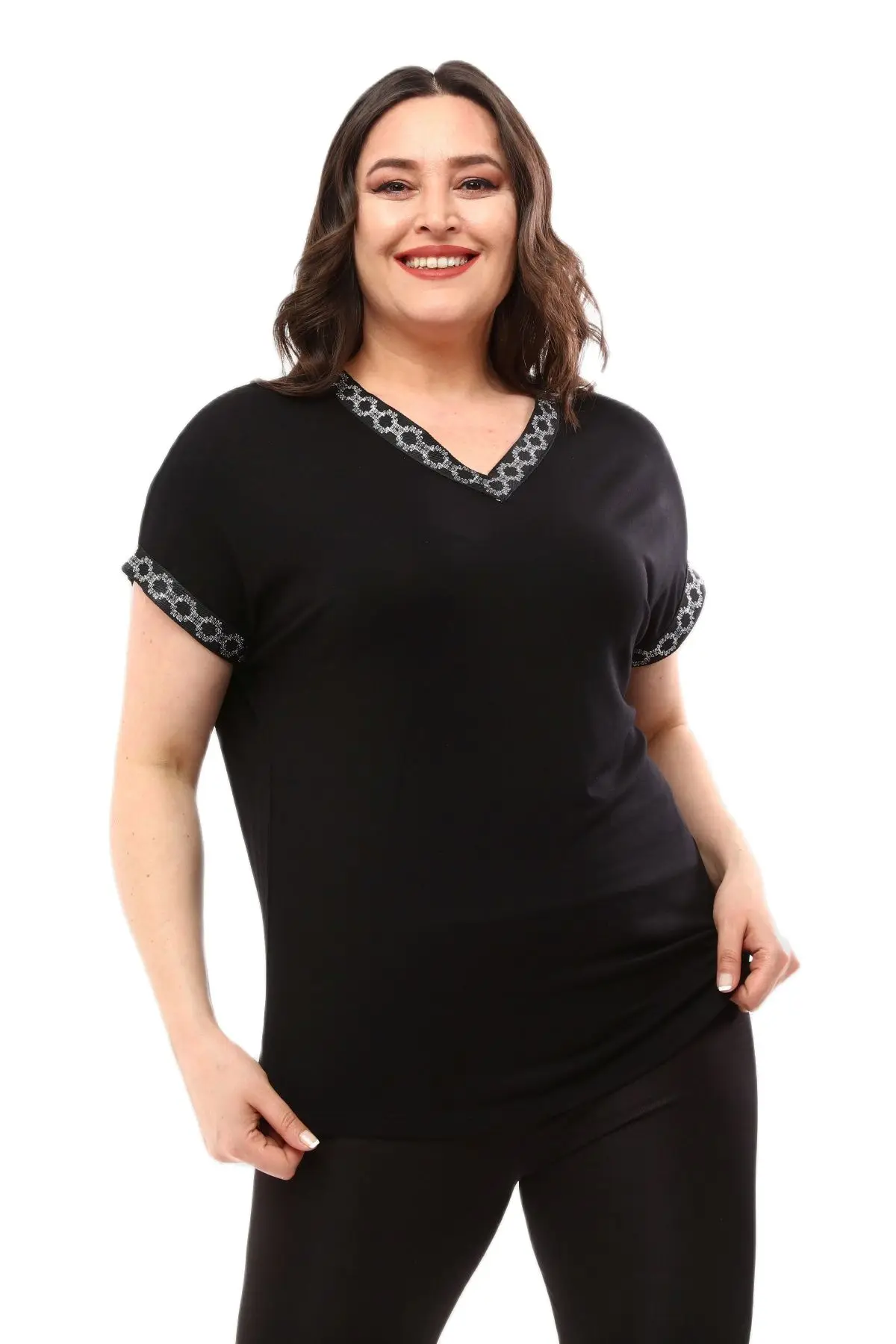 Women’s Plus Size Blouse Silver Embroidery Neck Detail, Designed and Made in Turkey, New Arrival