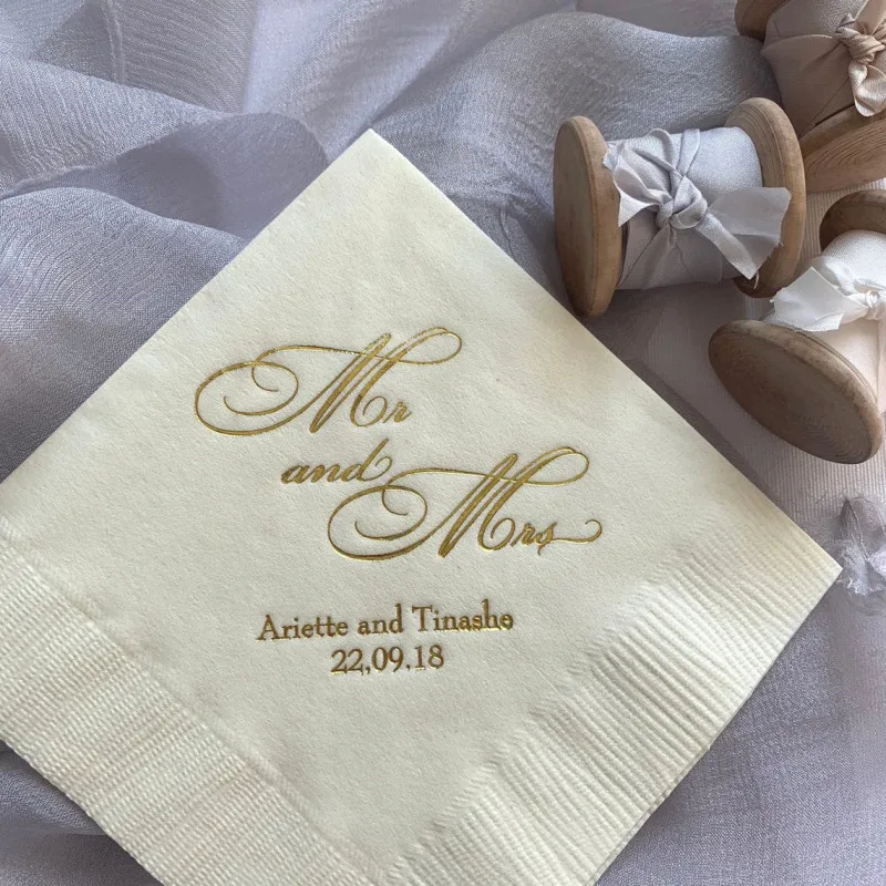 50pcs Personalized Mr and Mrs Wedding Napkins, Rehearsal Dinner Engagement Party Bar Napkins Custom Wedding Napkins baby shower