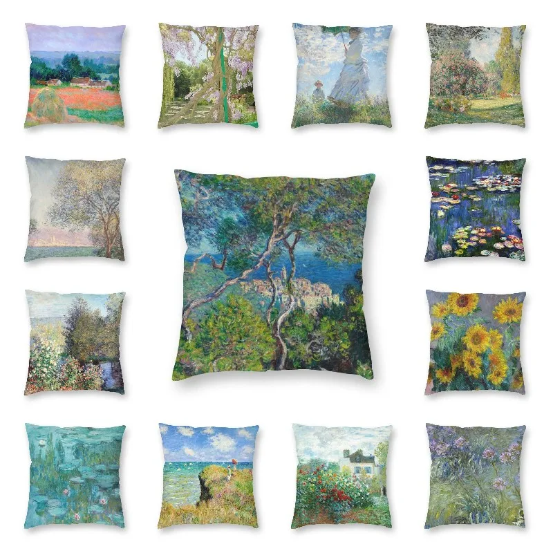 Claude Monet Printing Square Throw Pillow Cover Home Decor Printed World Famous Landscape Painting Cushion Cover for Living Room