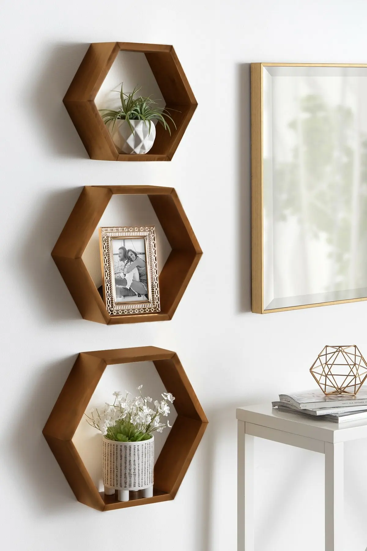 Wooden Decorative Design 3 Hexagonal Wall Shelf Appliance Accessory Interior Design Racks Set Wall ornament shelf rustic design.