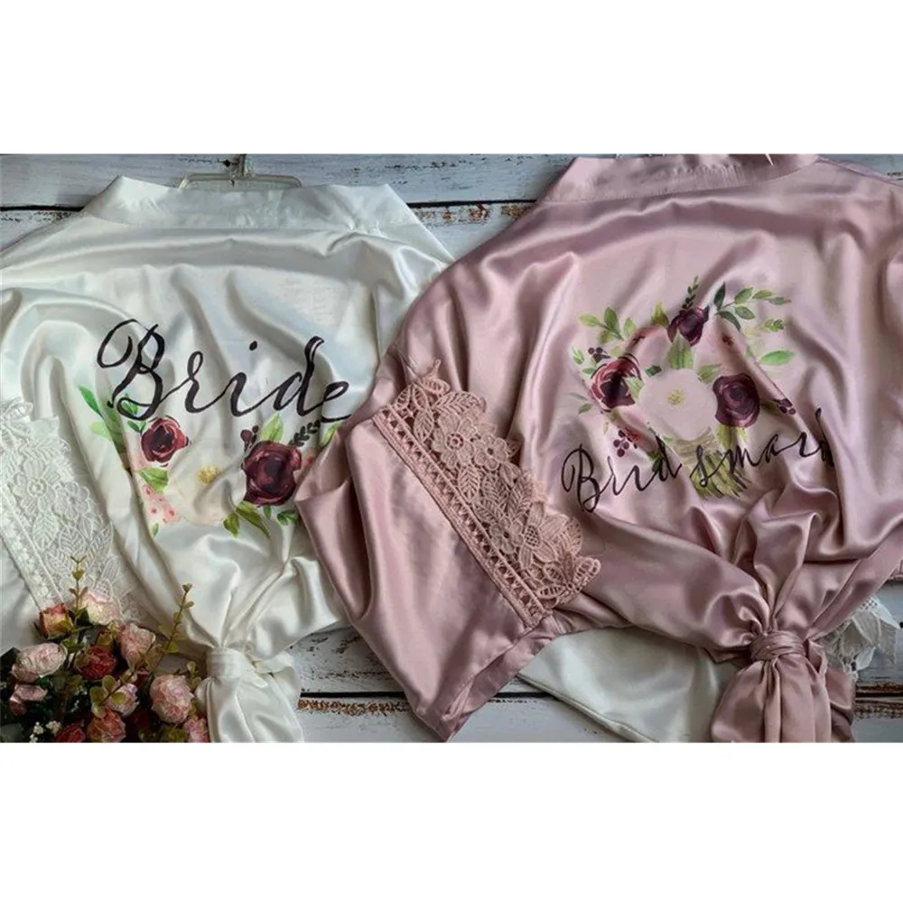 

Dusty rose bridal party Floral robe customize Lace silk bride Peignoir bridesmaid nightgown birthddy gift wedding favor Bathrobe