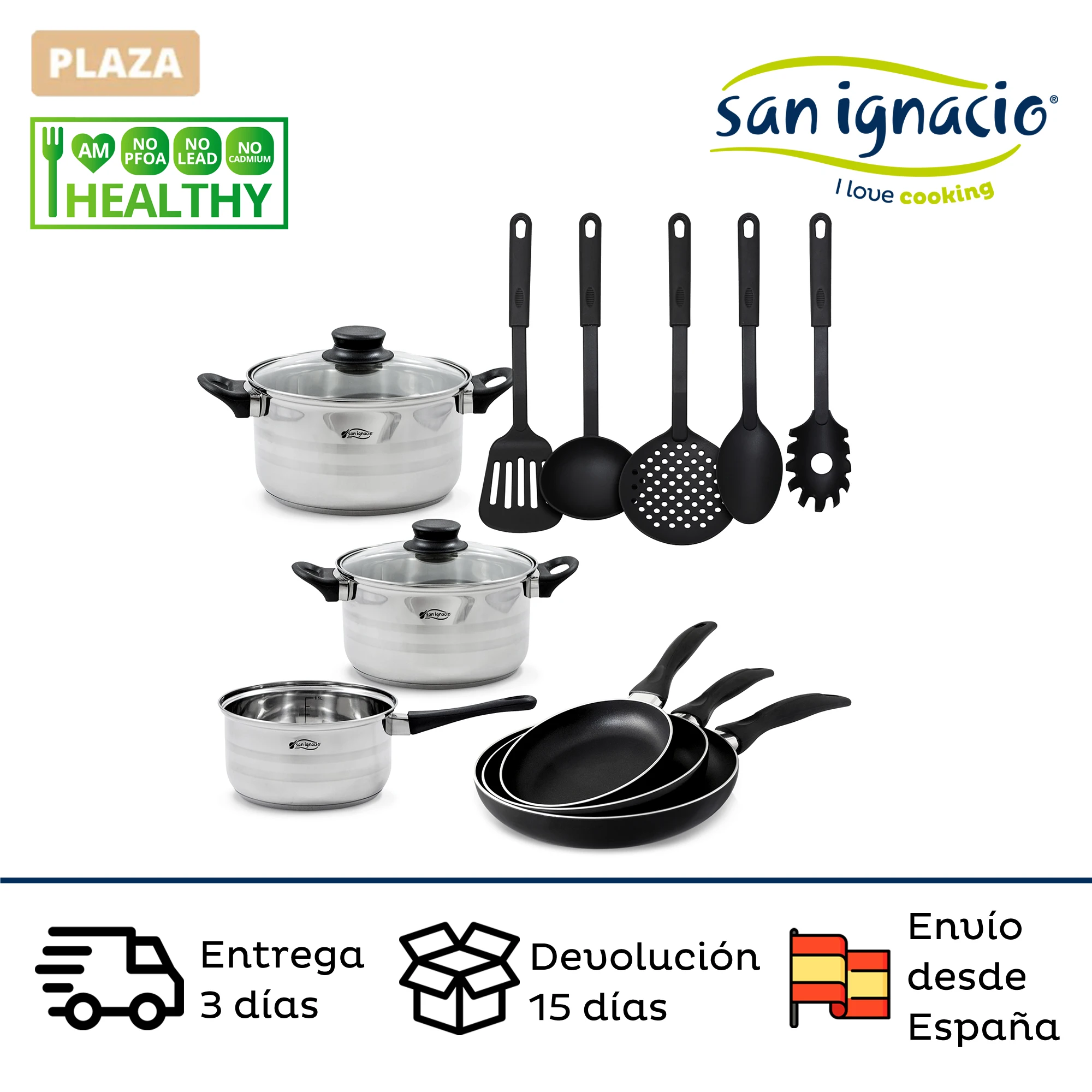 Kitchen battery 5 PCs SAN IGNACIO Toledo in stainless steel with pans set (16,20,24cm) nylon kitchen utensils