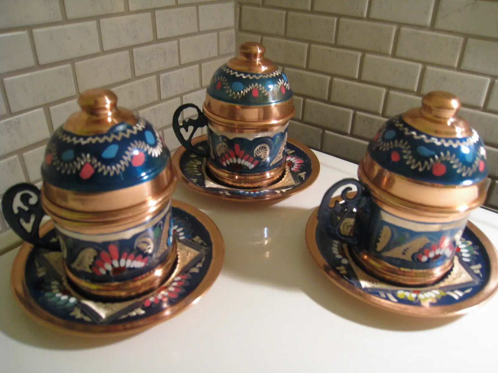 Ottoman Style Traditional Copper Coffee & Espresso Cup & Saucer & Porcelain & Cover