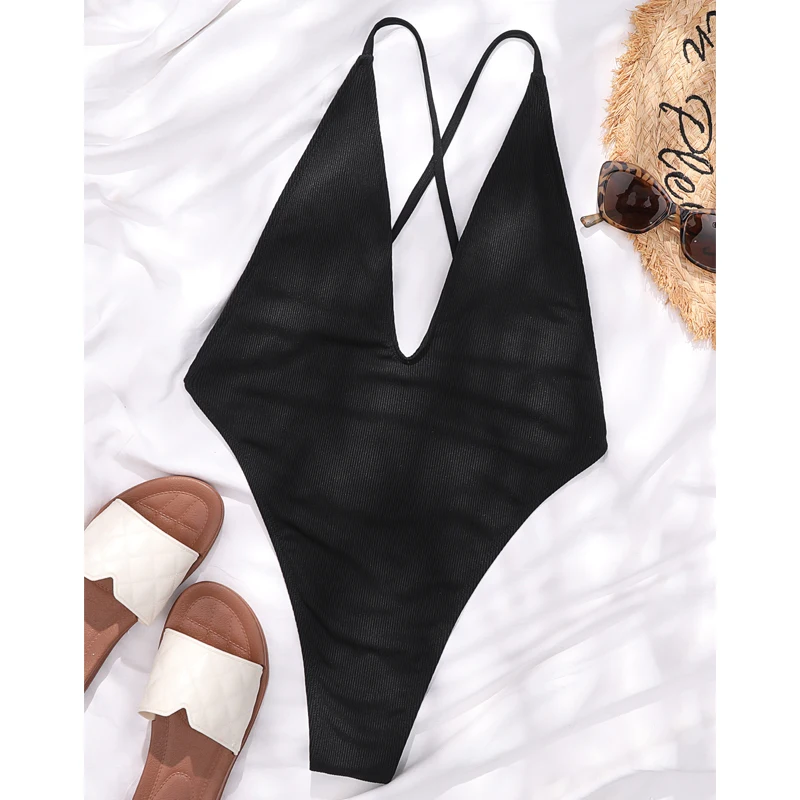 Women Sexy Swimsuit Bodysuit 2022 Summer Deep V Bathing Suit Bather Backless Beach Swimwear One Piece Black