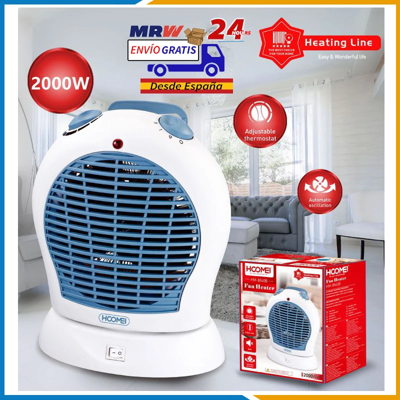 Low Consumption Electric Heater Smart Rotate 2000W Silence Function, 2 hot air speeds Cool air fan Color Blue and White