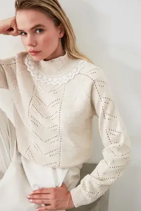 Stone Openwork Lace Detailed Knitwear Sweater Patchwork Lace Sweater Women Autumn Long Sleeve Casual Ladies Pullover Femme Woman