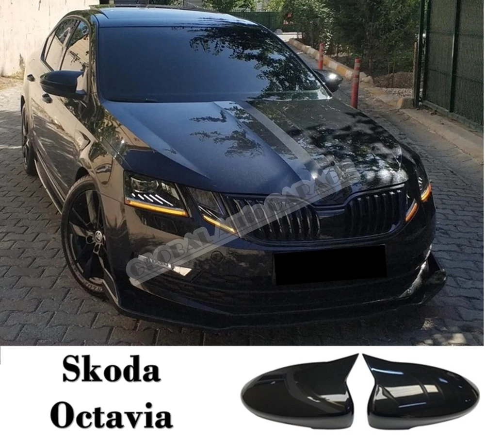 For Skoda Octavia Bat Mirror Cover 2013 2014 2015 2016 2017 2018 2019 2020 Glossy Black 2 PCS Wing Car Styling Auto Universal