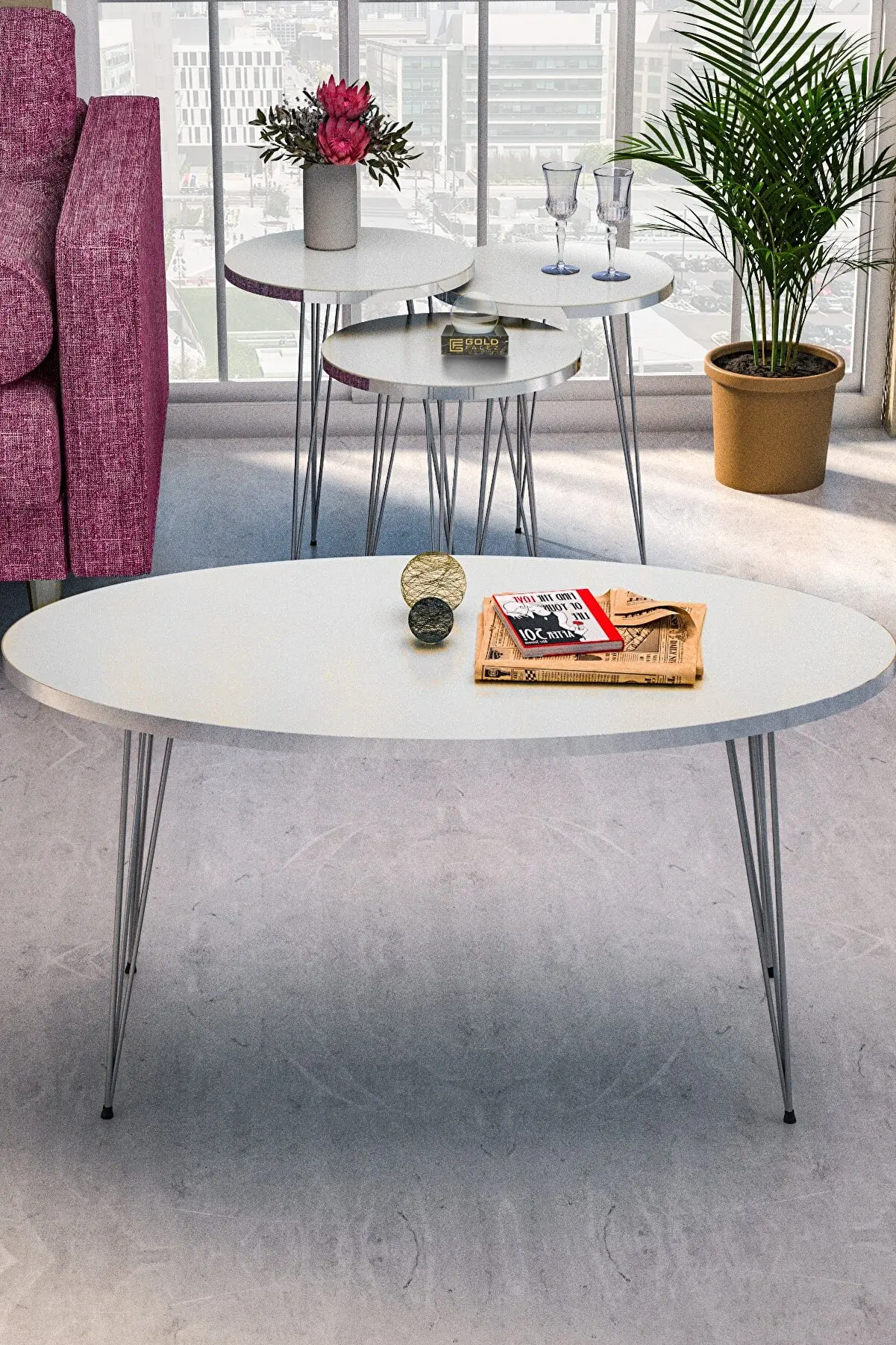 Modern Nest Table And Center Table 4 Pieces Ellipse Set Silver Cream Wire Metal Leg De Mounted Service Tea Coffee Service Service Tab