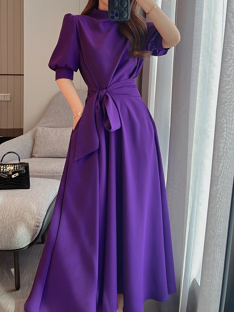 VKBN – robe d\'été pour femmes, manches lanternes violettes, taille haute, col mi-haut, ceintures De fête élégantes