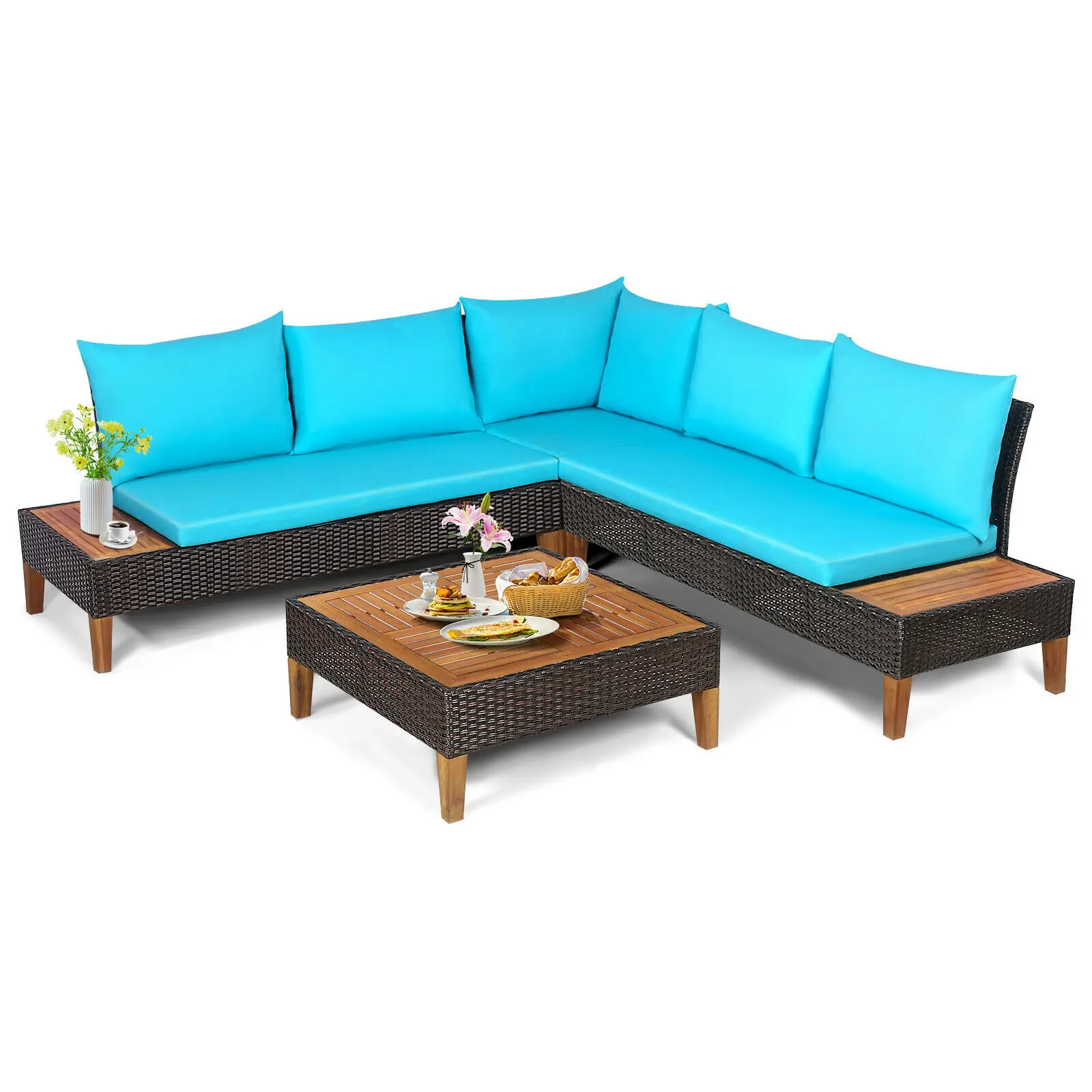 4PCS Patio Rattan Furniture Set Cushioned Loveseat w/Wooden Side Table Turquoise  HW69380TU+