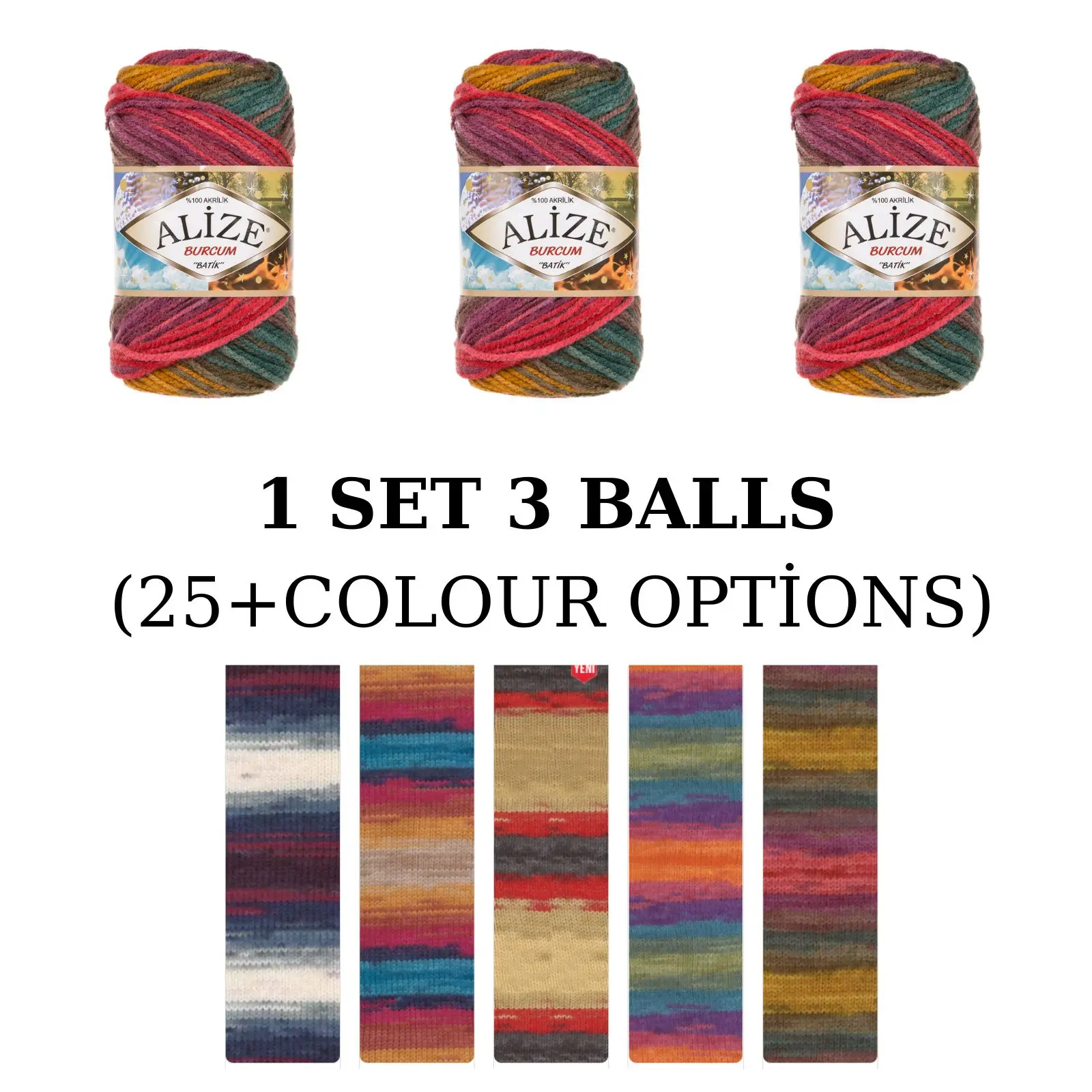 

Yarn 1 Set (3 Balls) Alize Burcum Batik Yarn (1 Ball: 100 Grams / 210 Meters) Crochet Tool Kit