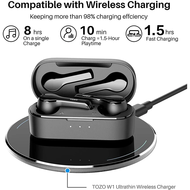 Słuchawki Bluetooth TOZO T9, bezprzewodowe słuchawki douszne z 4 mikrofonami z redukcją szumów, krystalicznie czyste połączenia IPX7 wodoodporne, szybkie ładowanie