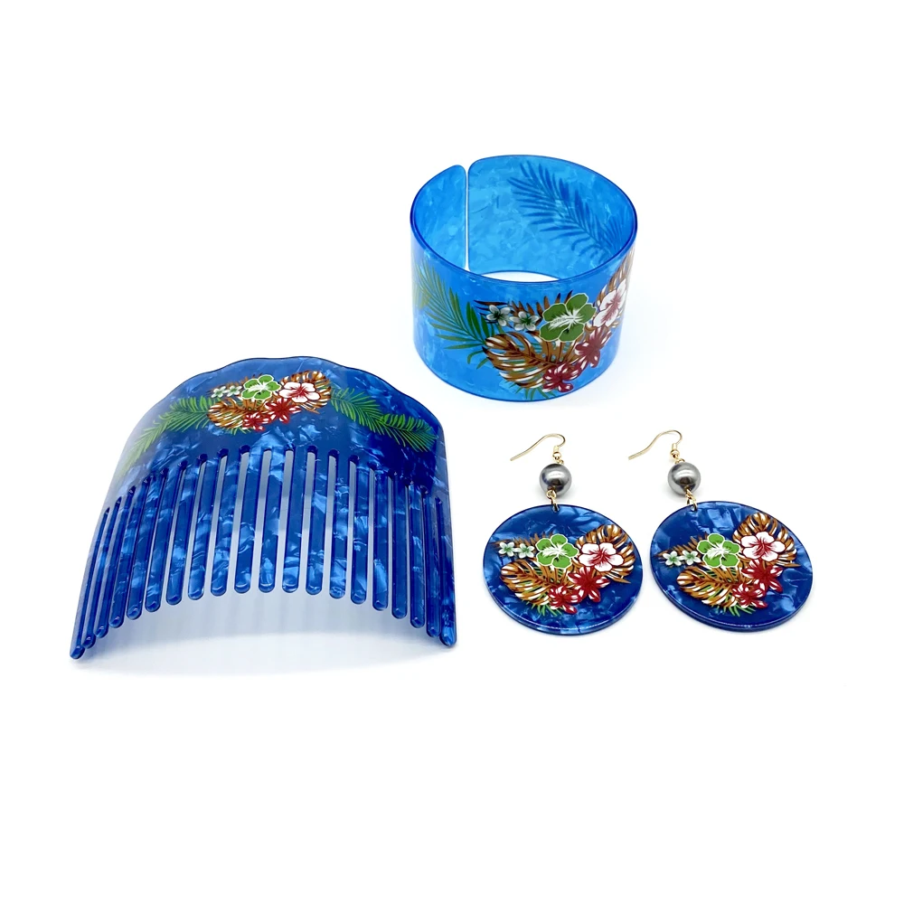 Newest Fashion Flowers Printed Bangle Comb Earring Jewelry Set For Pacific Islands Peoples Women Girls Gift Trendy Styles