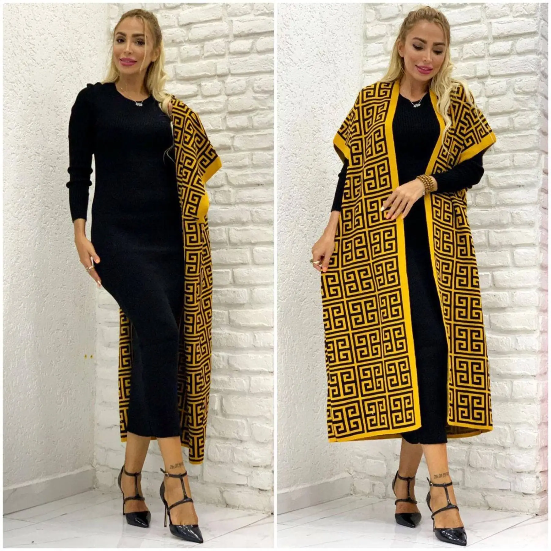 2 Piece Women\'s Set %100 Cotton Knitwear From Turkey Turtleneck Dress and Cardigan Suit Elastic Waist Loose Fit Big size African