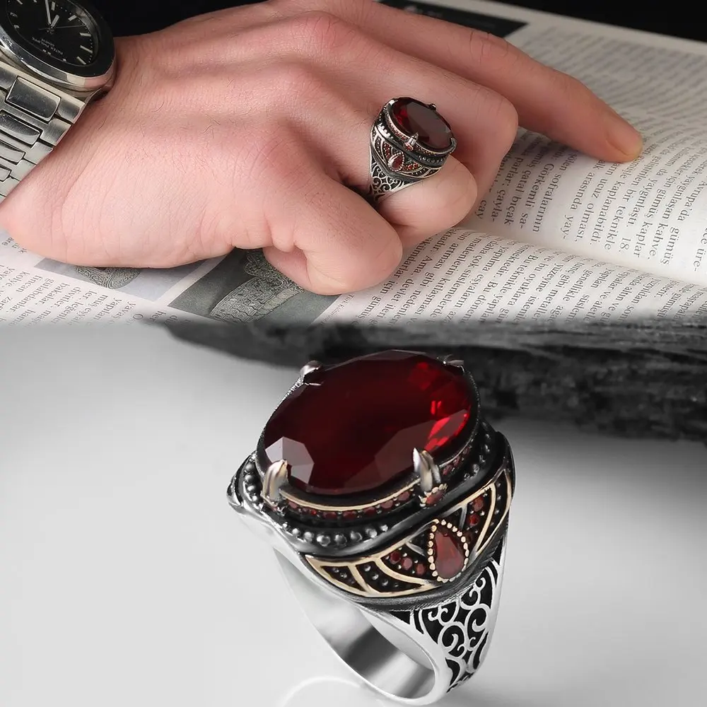 

Red Zircon 925 Sterling Mens Silver Ring, Real Natural Stone Gift Jewelry, made in Turkey Design Fashion Accessory 2022 Trendy