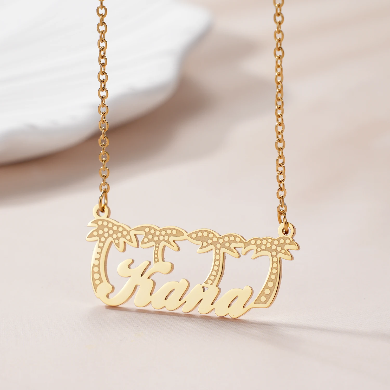 

Personalized Name Necklace With Coconut Tree Double Plated Nameplate Custom Pendant Stainless Stee Jewelry Gift For Women Girls