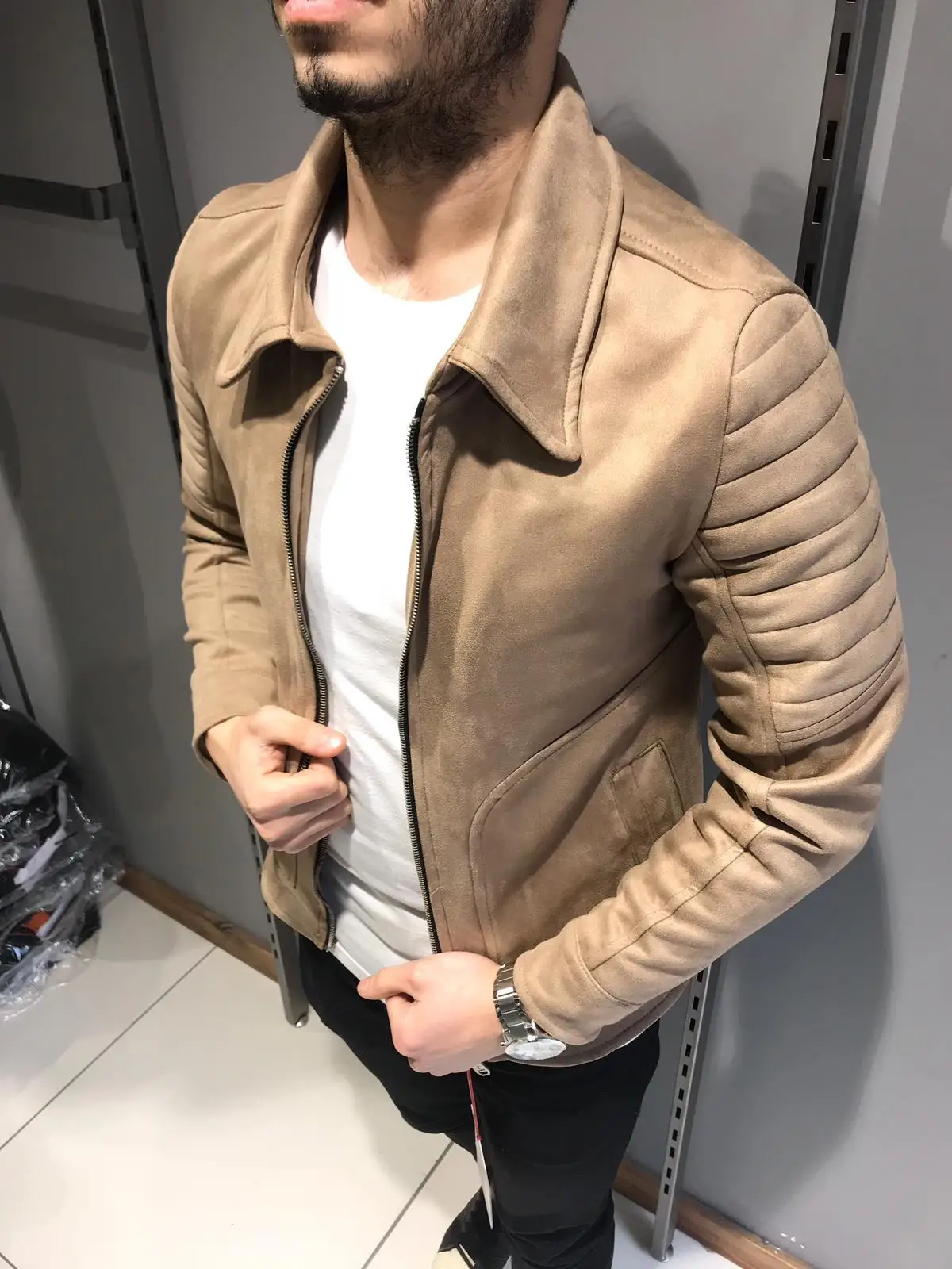 Style Man Handles Quilted Spring Suede Coats Coat