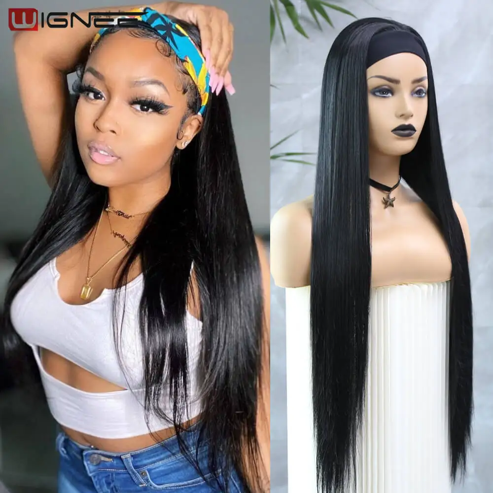 

Wignee Headband Wig Synthetic Hair Straight Wig Natural Hair Wigs For Women Heat Resistance Black Color Daily Use Fake Hair