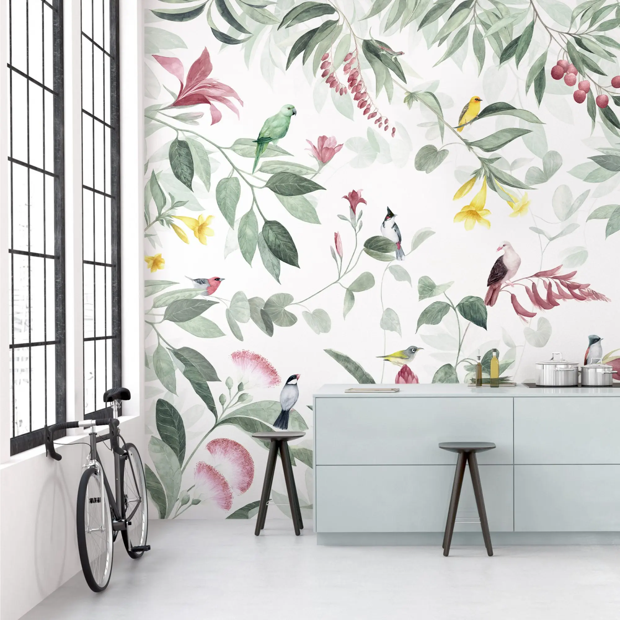 Papel tapiz panorámico a medida, verde y rosa, papel tapiz no tejido de estilo fresco, flores tropicales y pájaros exóticos