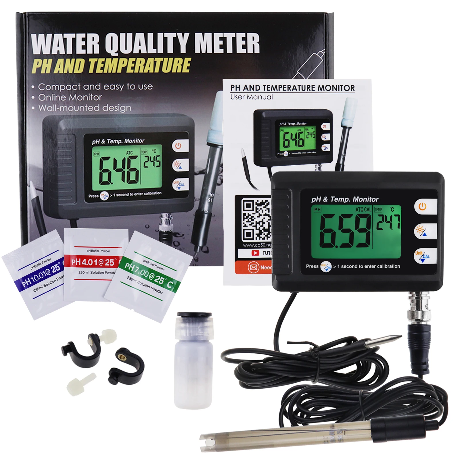 2-in-1 Combo pH & Temperature Meter Fish Tank Monitor Thermometer for Aquariums Laboratory w/ Replaceable BNC pH Electrode