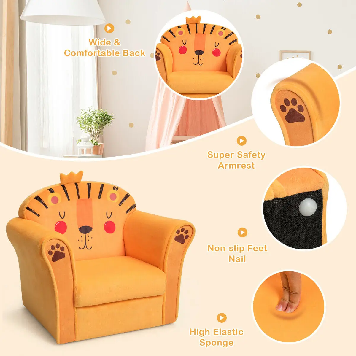 Sofa Singa Anak-anak Sofa Sandaran Tangan Anak-anak Kursi Berlapis Furnitur Balita Hadiah HW65435