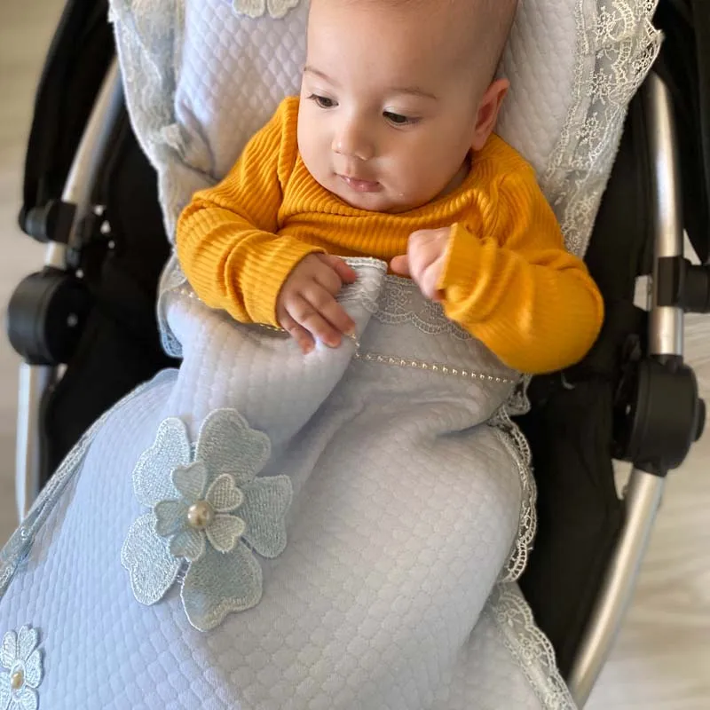 Modakids-ropa de cama azul para recién nacido, manta Unisex para bebé, bordado Floral, modelo de cochecito de bebé