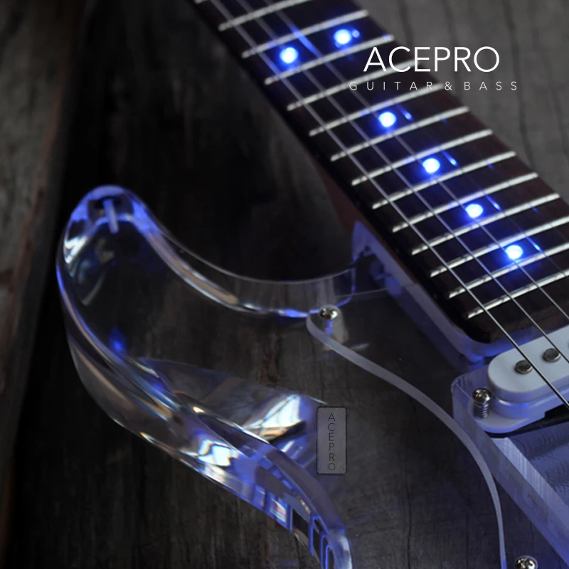 In Stock Acepro Blue LED Light Electric Guitar, Clear Acrylic Body, Transparent Pickguard and Knob, 3 Single Pickups, Maple Neck