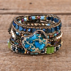 Ethnic 5 Strand Blue Irregular Natural Stones Imperial Jasper Wrap Bracelets Beaded Cord Vegan Women Sisters Bohemia Jewelry