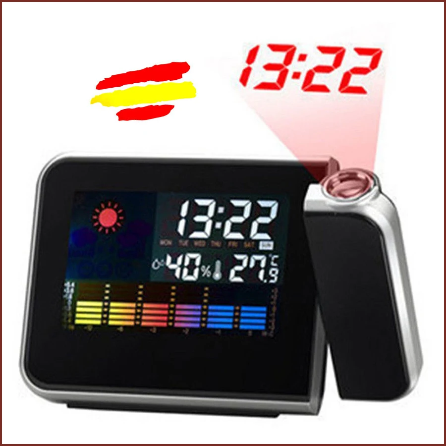 2021 Digital alarm clock LED Color thermometer LCD projector Color alarm batteries or USB plug bedside table Ideal for gift. Airship projection 180 degrees