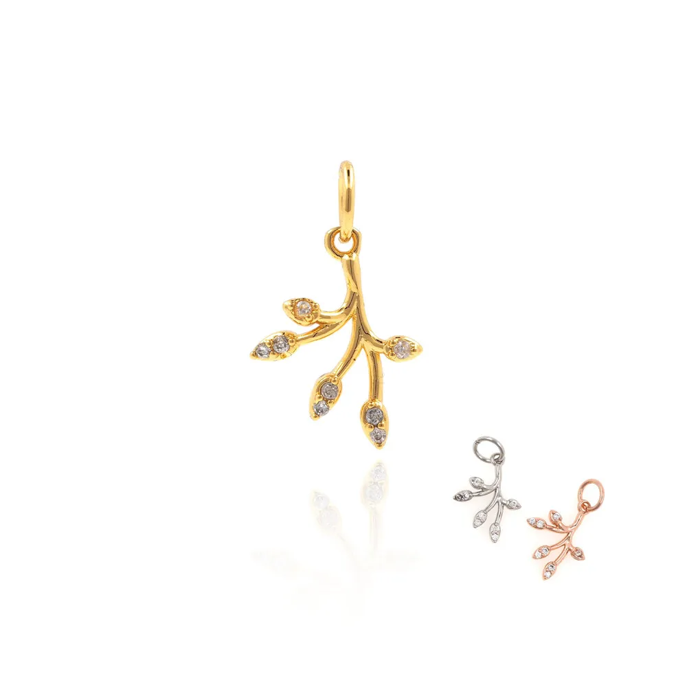 Leaf Pendant, Branch Necklace, Plant Charm, CZ Pavé Pendant, Jewelry Leaf, 17.9x10.4x1.9mm