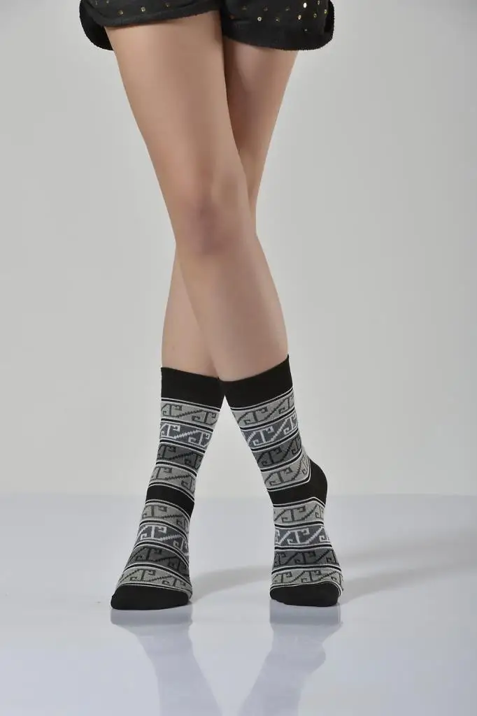 Idilfashion Women Carpet Pattern Socket Socks-Black-B-ART015 (3'LÜ PACKAGE)