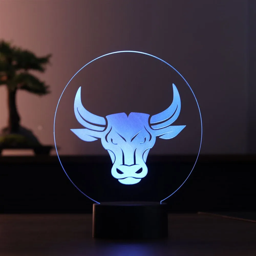 Bull acrílico 3d ilusão led candeeiro de mesa 12 volts adaptador luz do dia design base madeira aniversário presente dia especial ideia para casais