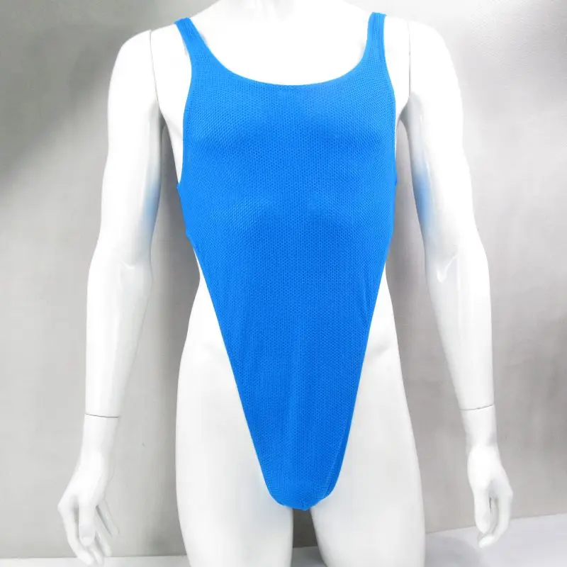 G528D Mens bodysuit Thong Leotard Deep U Back Nylon spandex slightly C-thru honeycomb mesh