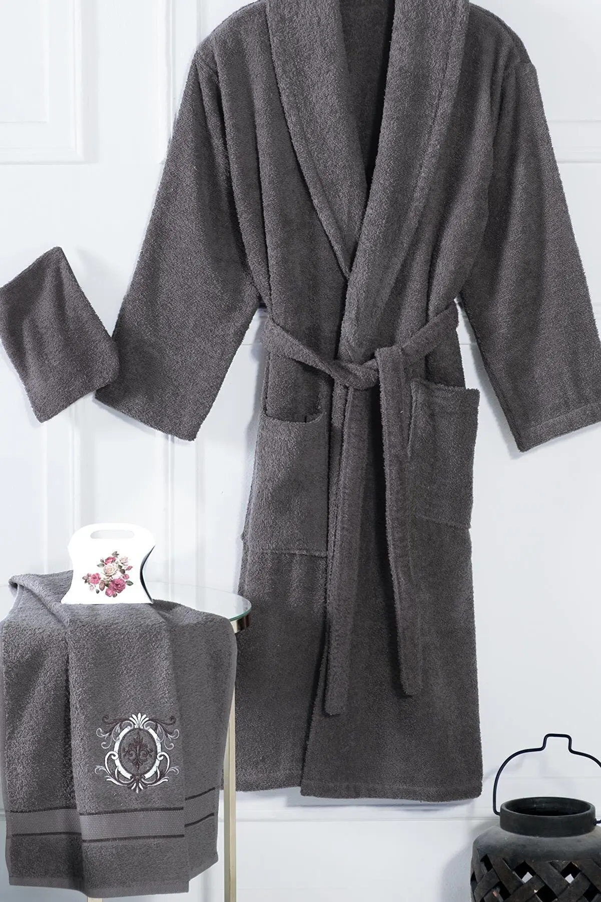 4 Picies Luxury Soft Cotton Black Bathrobe Set For Men 1 Bathrobe 1 Head Towel 1 Soap 1 Bath Glove Bathrobe Set Made İn Turkey