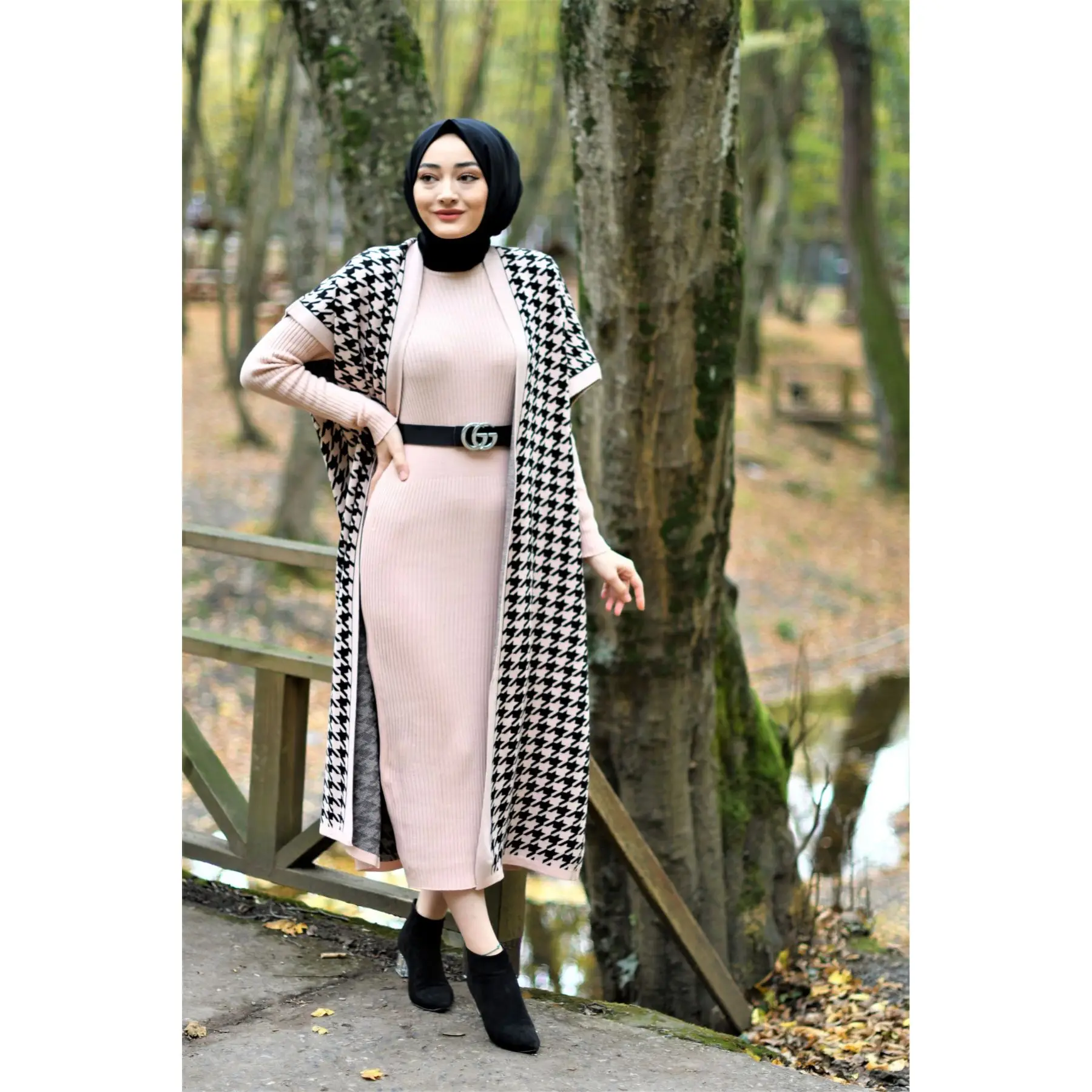 2 Piece Women\'s Set Crowbar Patterned Knitwear Maxi Turtleneck Dress and Maxi Cardigan Long Sleeve Turkey Muslim Fashion Dubai