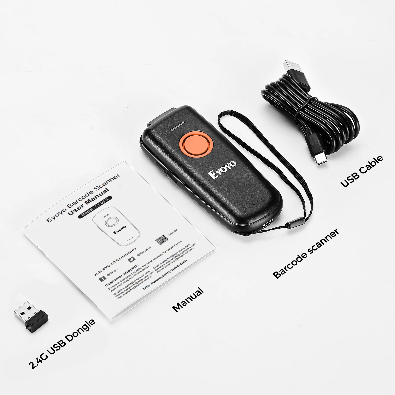 EYOYO EY-023L Mini 1D Wireless Barcode Scanner Portable 3-in-1 Bluetooth & 2.4G & USB Wired QR 1D Bar Code Reader for Inventory