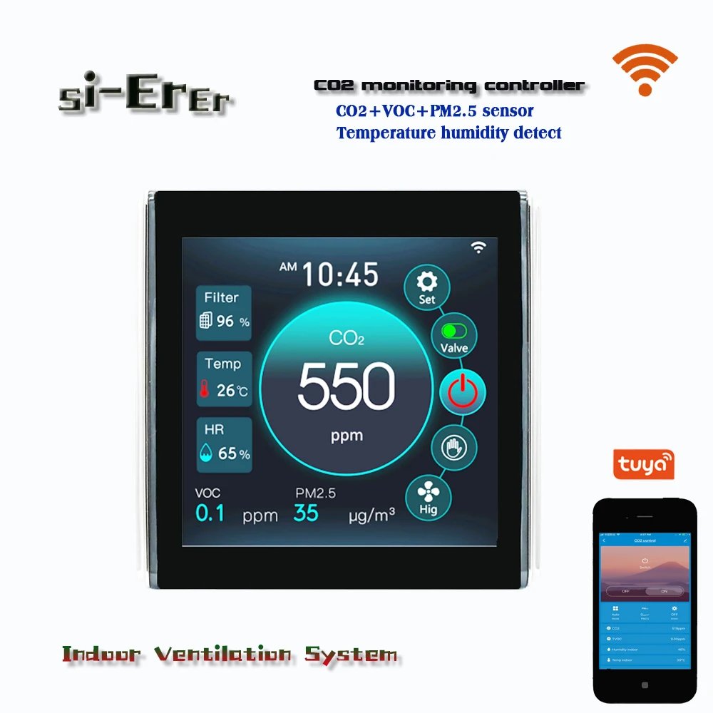 Indoor Air Quality Monitor with WIFI&RS485 VOC PM2.5 CO2 Temperature Humidity Sensor for Control Fan Smart AC/0-10V Output