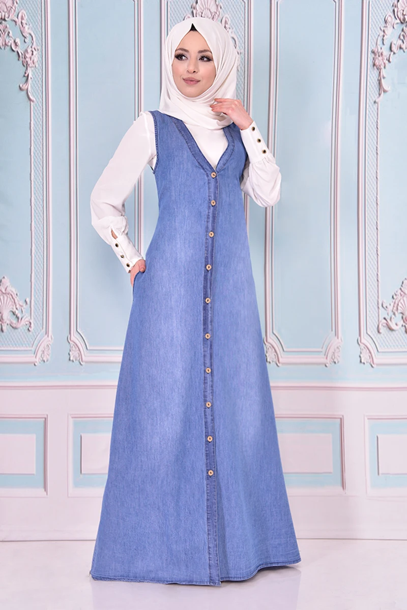 Gilet Through-hole Button Arched Handle Handle Denim Dress Dark Blue muslim long abaya women Dubai turkish hijab girl Islamic clothing big