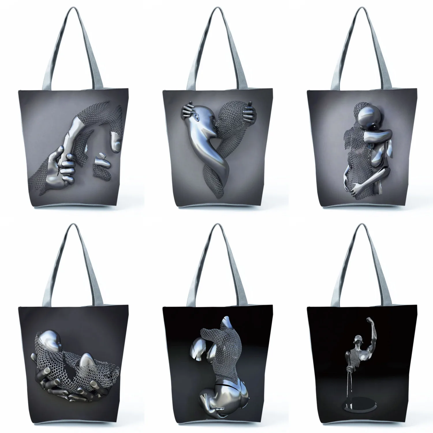 3d amor coração cinza arte pintura bolsas figura estátua arte posters impressão tote feminino reutilizável portátil ombro sacos de compras