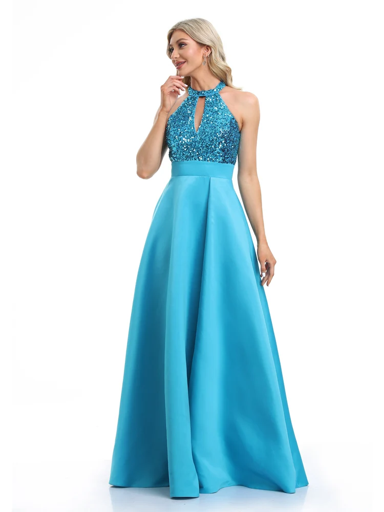 فساتين سهرة أنيقة برقبة دائرية بالترتر الأزرق طويلة فاخرة للنساء من التل بدون أكمام لحفلات الزفاف وحفلات الكوكتيل #4