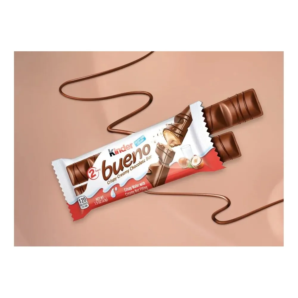 Caja KINDER BUENO 30 unidades - Compuesto por 2 barritas de crujiente barquillo envueltas individualmente, recubiertas de chocolate con leche y con un relleno cremoso de leche y avellanas