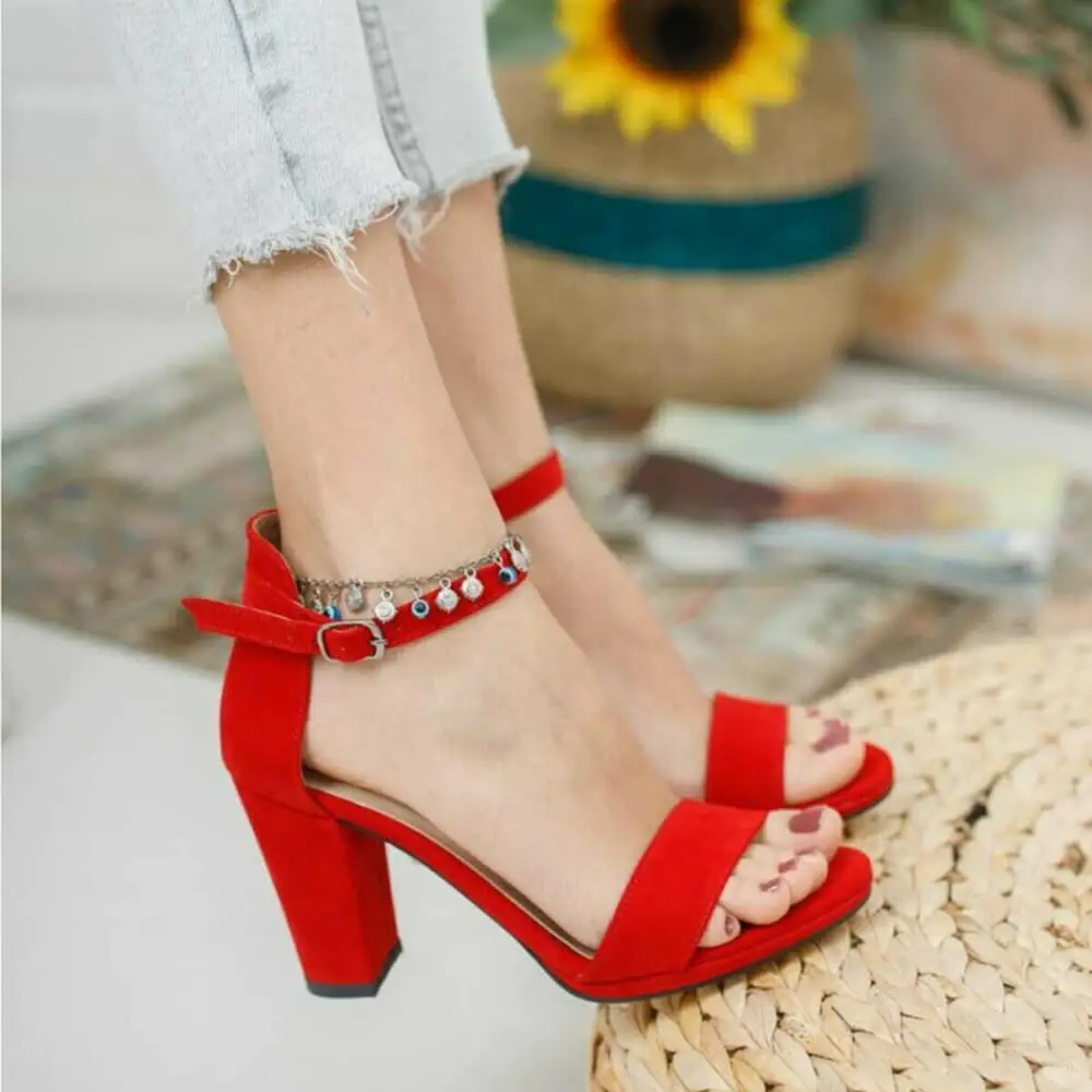 Red Suede Thick Heels Sandals for Women Open Toe Wedge Heels for Women Block Heel Shoes for Women 7 cm Heels for Women