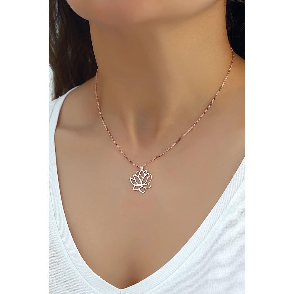 Elegant Rose Gold Plated Lotus Women's 925 Sterling Silver Jewelry Necklace