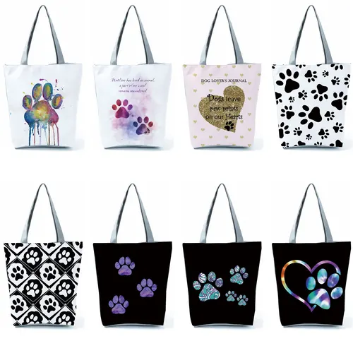 Bolsos de mano con patas de perros a la moda, bolso de compras con estampado de perros de amor, bolso de hombro informal para mujer, bolso de playa de viaje Kawaii para mujer
