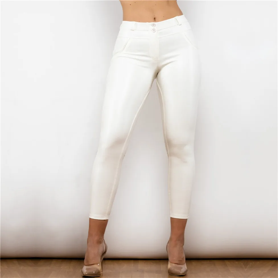 Shascullfites Bequeme Jeans-Leggings aus Kunstleder, vier Möglichkeiten, dehnbare Thermo-Leggings, Damen-Strumpfhose aus Kunstleder, weiße Strumpfhose